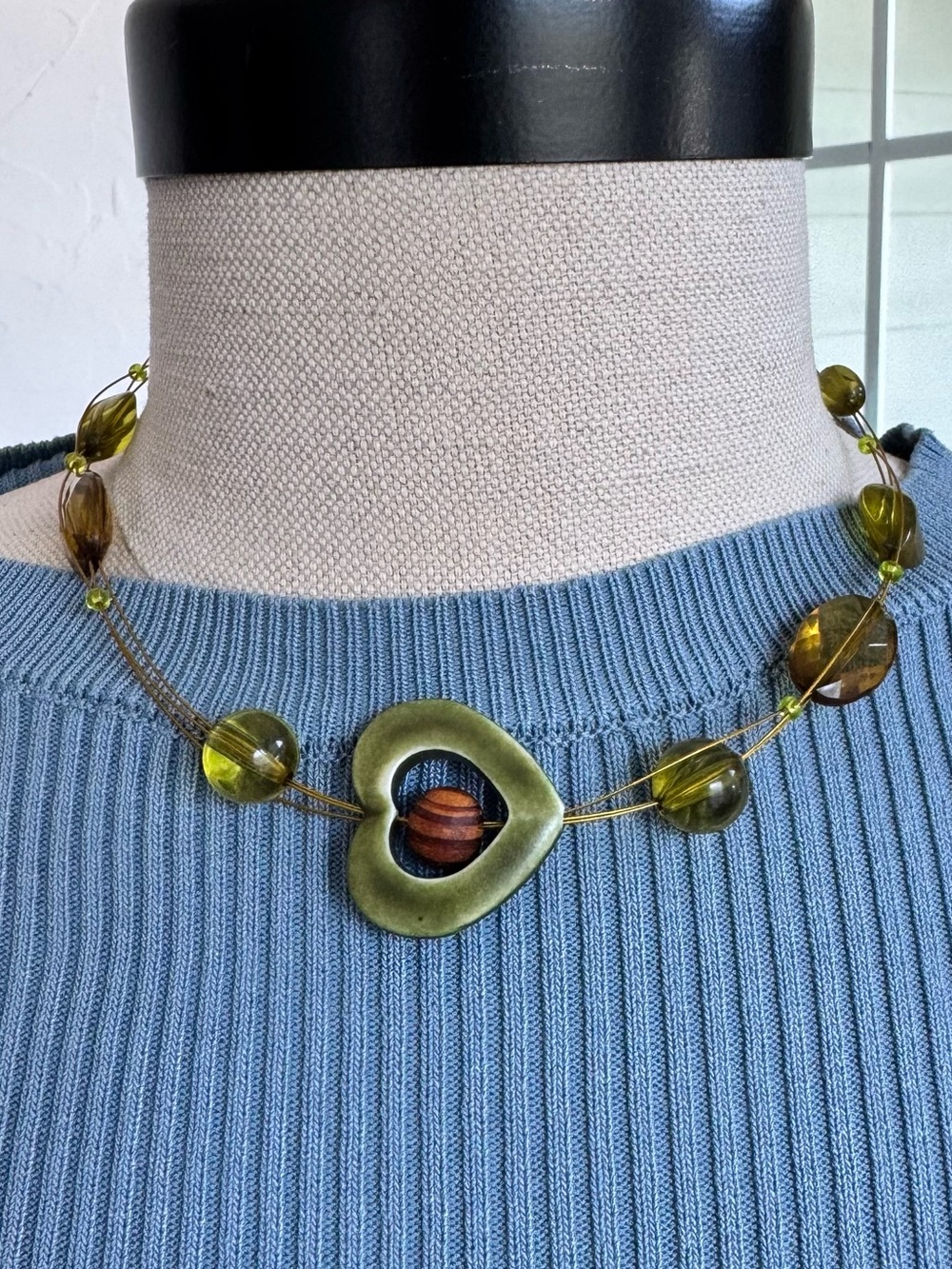 Y2K Olive Green Beaded Statement Necklace Organic Boho Pendant